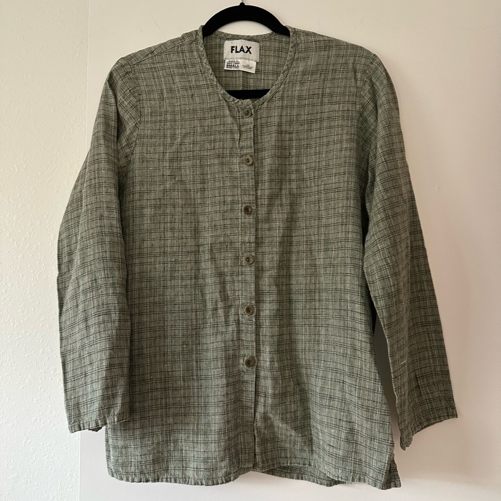 Flax 100% Linen Green Button Front Lagenlook Blouse Top